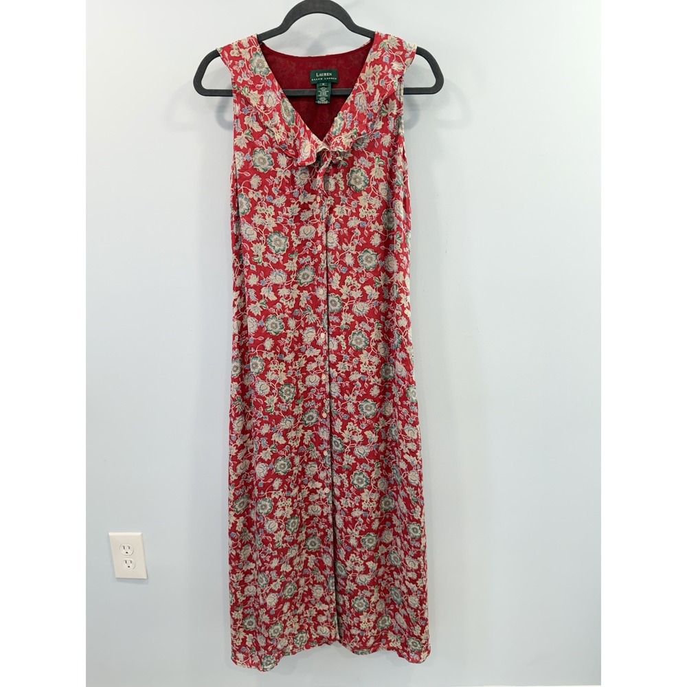 Lauren Ralph Lauren 100% Silk Floral Maxi Dress Red Sleeveless M Fairycore